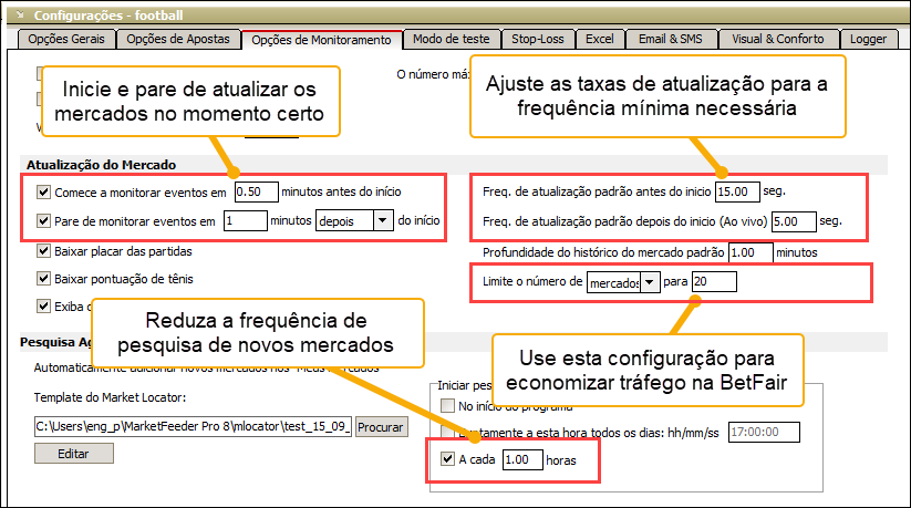 Opções de monitoramento